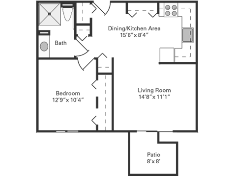 Floor plan for 1 bed, 1 bath, 570 sqft